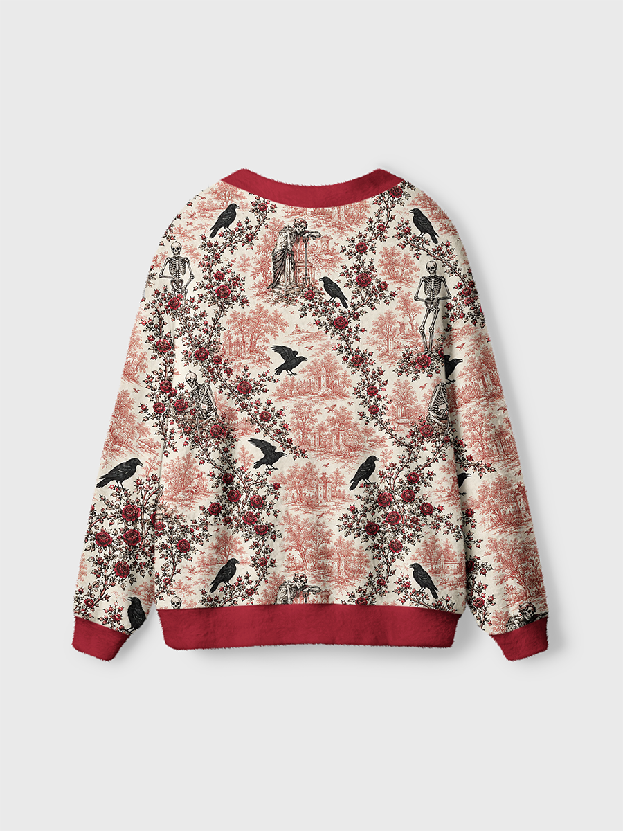 Vintage Toile De Jouy Raven Skeleton Rose Manor Cardigan Sweaters