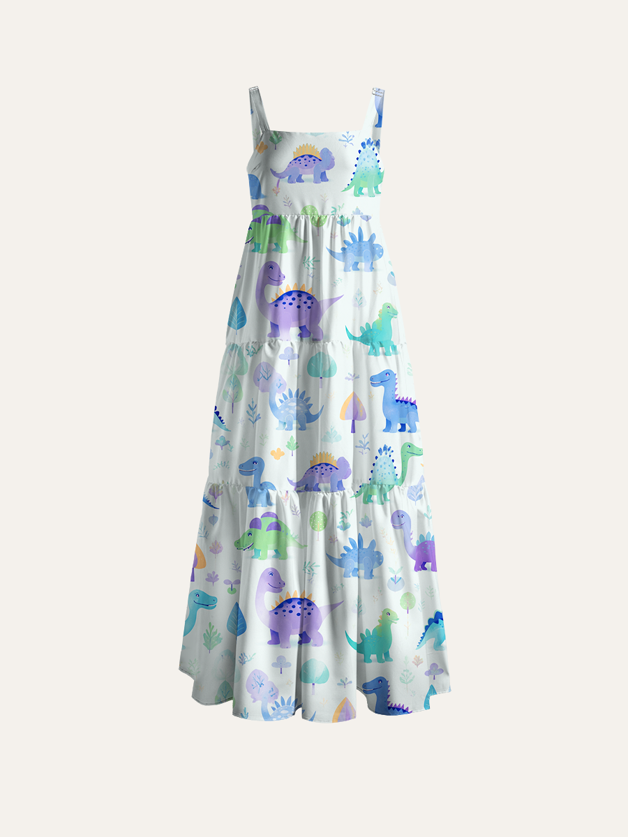 Soft Watercolor Dinosaur Ajustable Wide Straps Maxi Dress