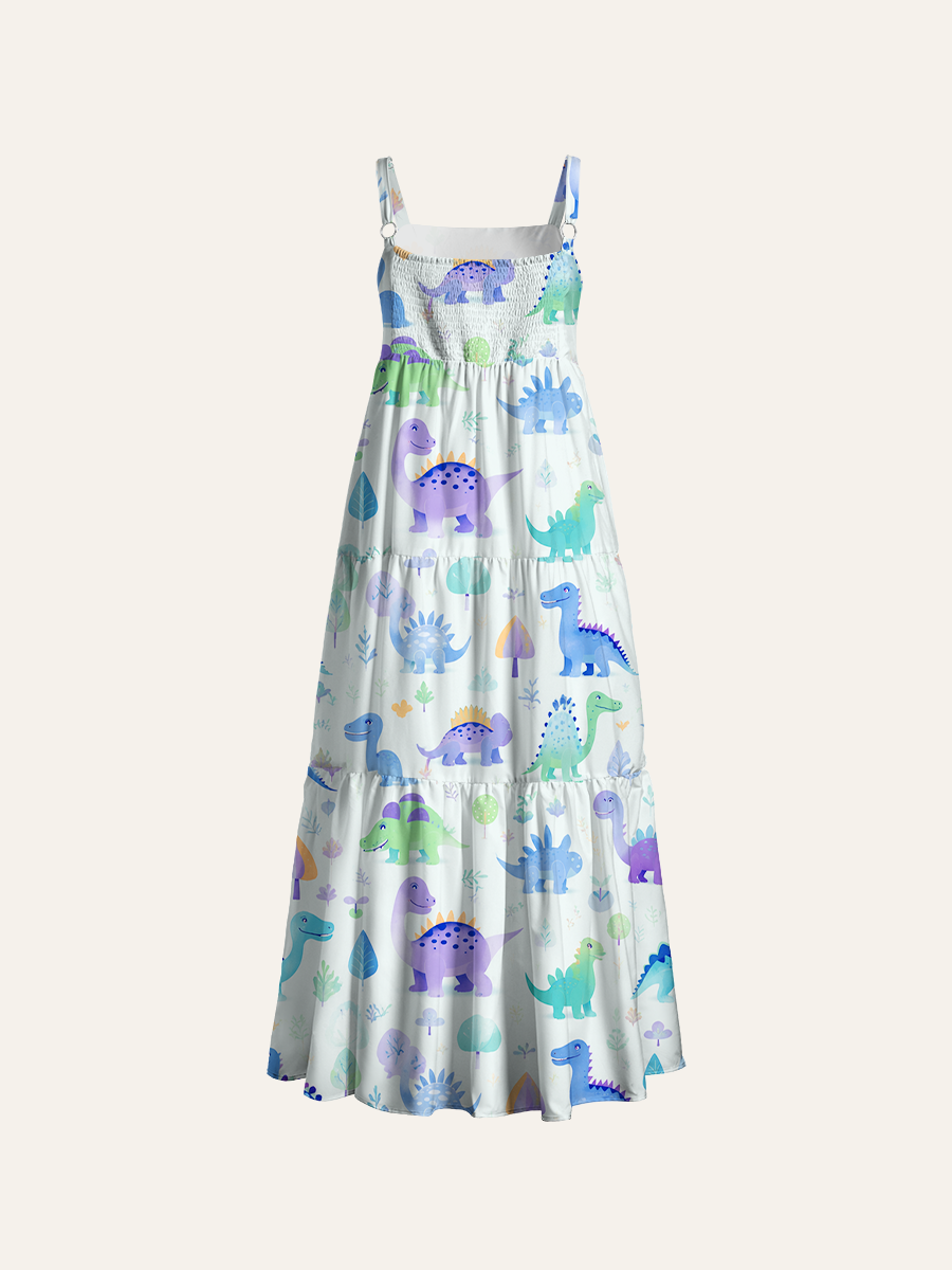 Soft Watercolor Dinosaur Ajustable Wide Straps Maxi Dress