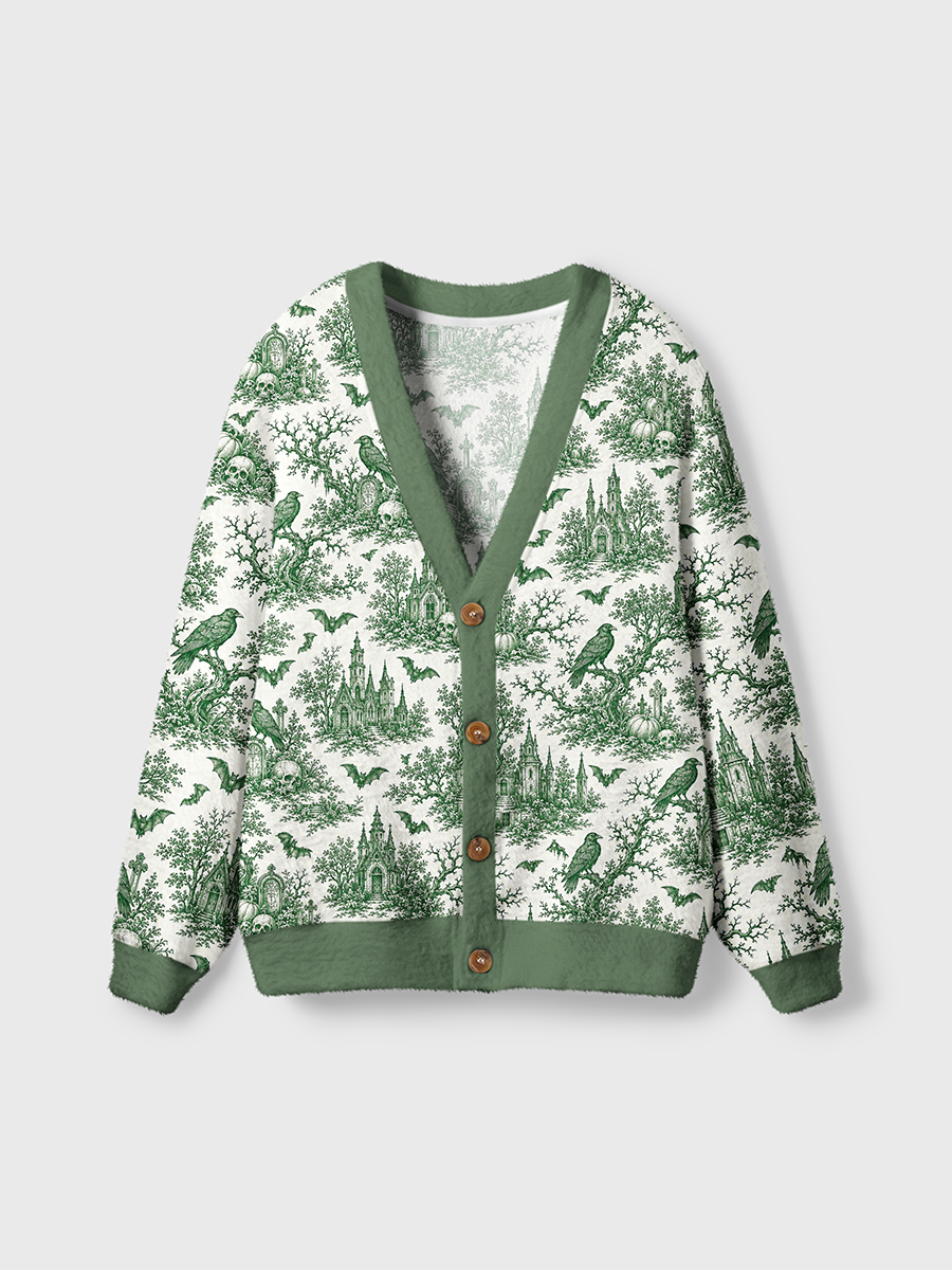 Vintage Vintage Toile De Jouy Castle Raven Pumpkin Bat Cardigan Sweaters
