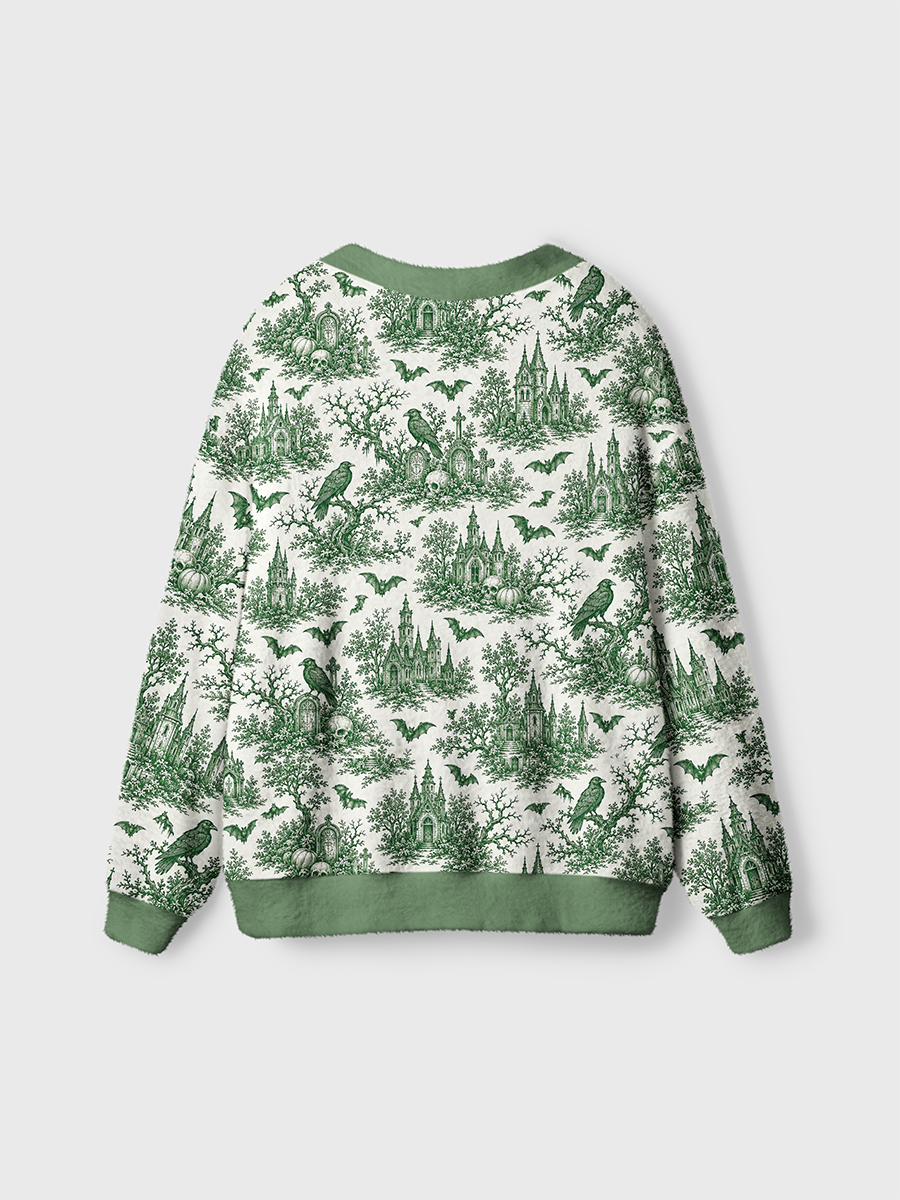 Vintage Vintage Toile De Jouy Castle Raven Pumpkin Bat Cardigan Sweaters