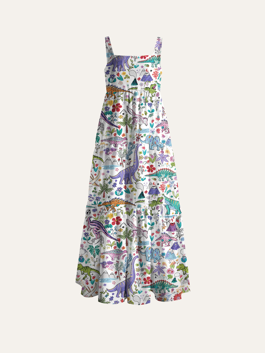 Mixed Flora & Volcano Mountain Ajustable Wide Straps Maxi Dress