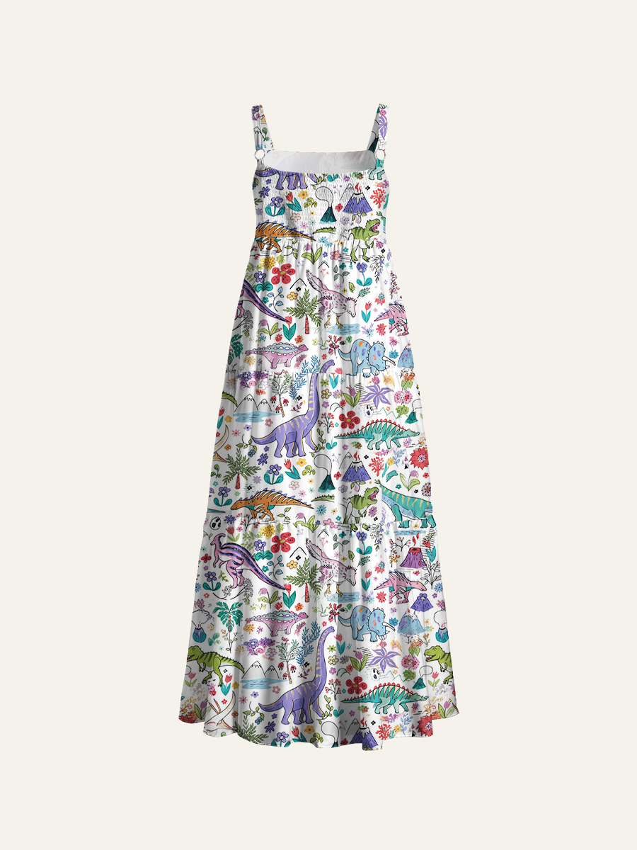 Mixed Flora & Volcano Mountain Ajustable Wide Straps Maxi Dress