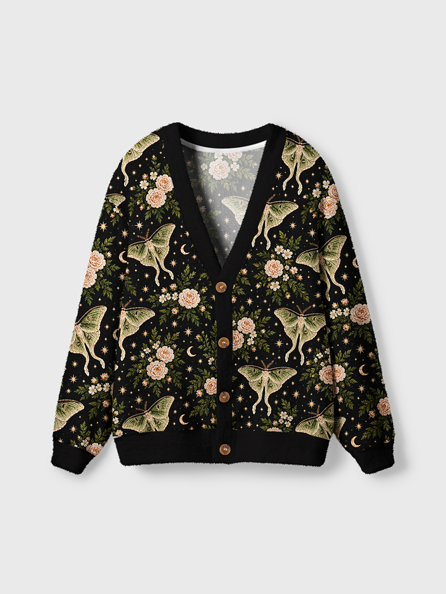 Vintage Embroidery Style Luna Moth Peony Moon Star Cardigan Sweaters