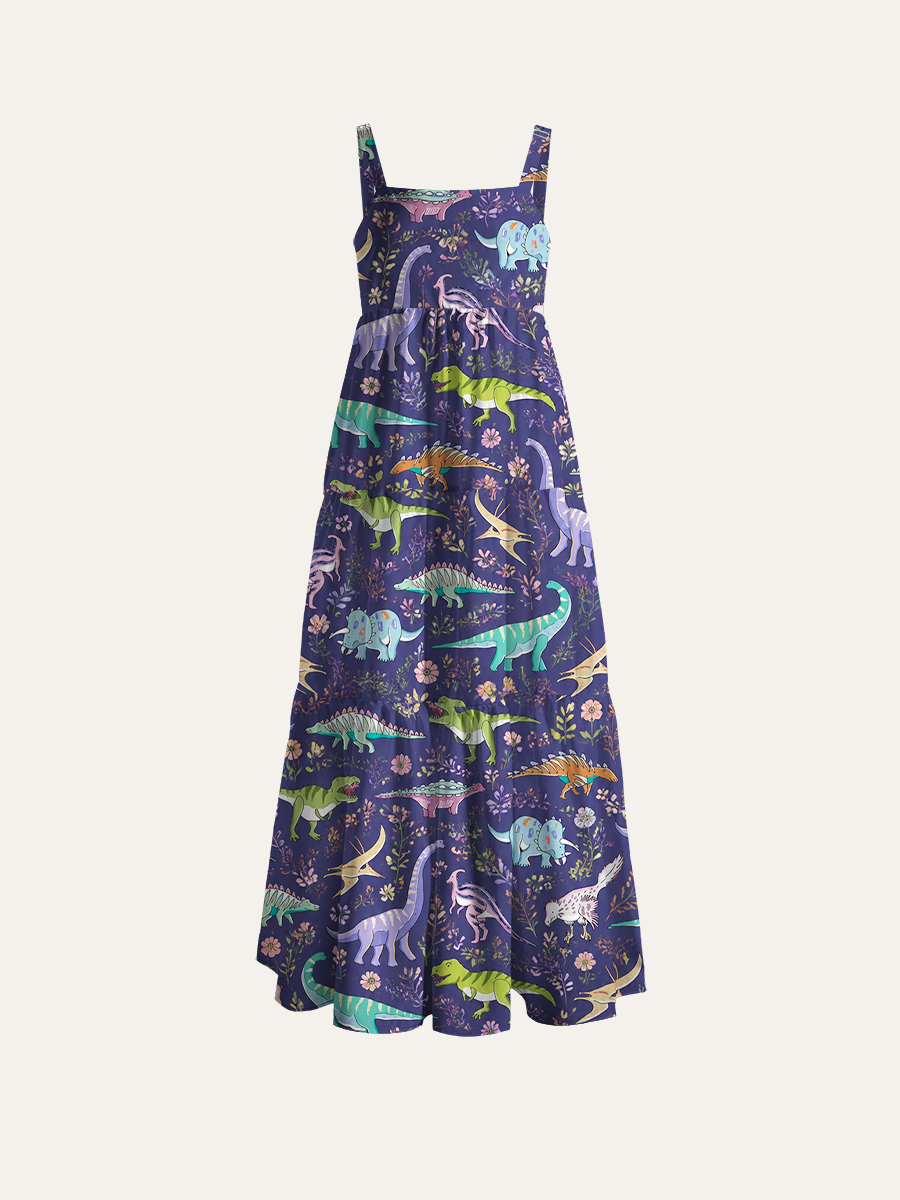 Vintage Cartoon Dino Ajustable Wide Straps Maxi Dress