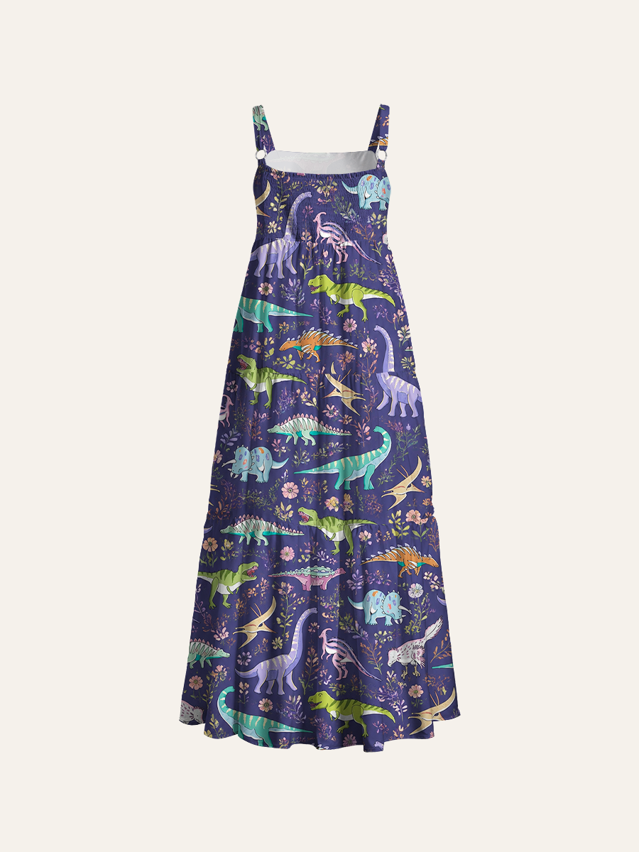 Vintage Cartoon Dino Ajustable Wide Straps Maxi Dress