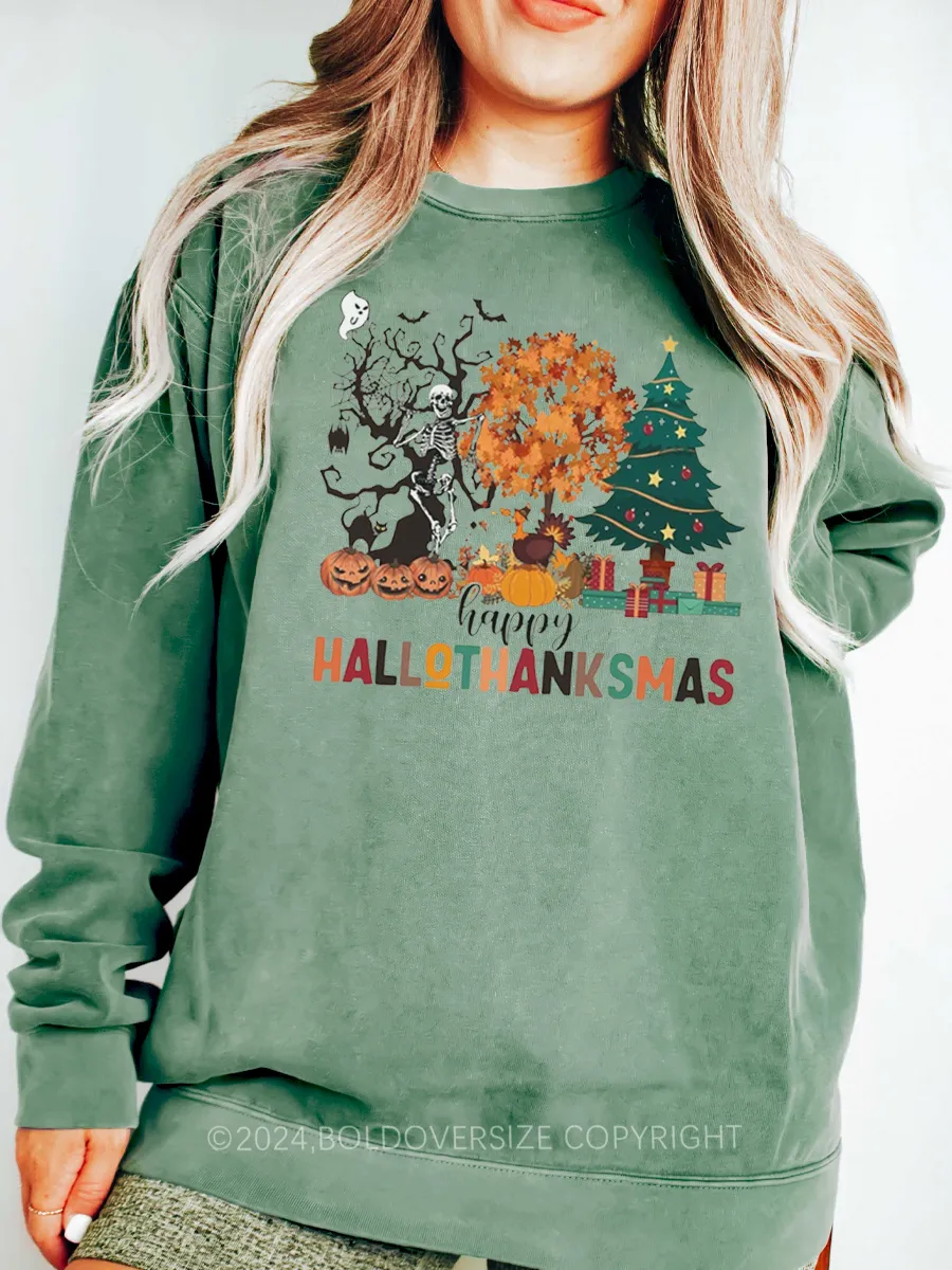 Vintage Happy Hallothanksmas Pumpkin Skeleton Sweatshirt
