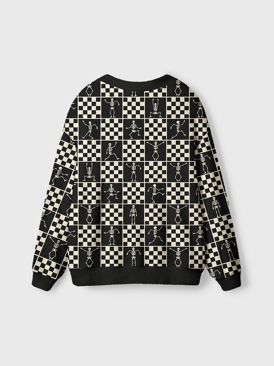 Vintage Checkerboard Dancing Skeleton Cardigan Sweaters