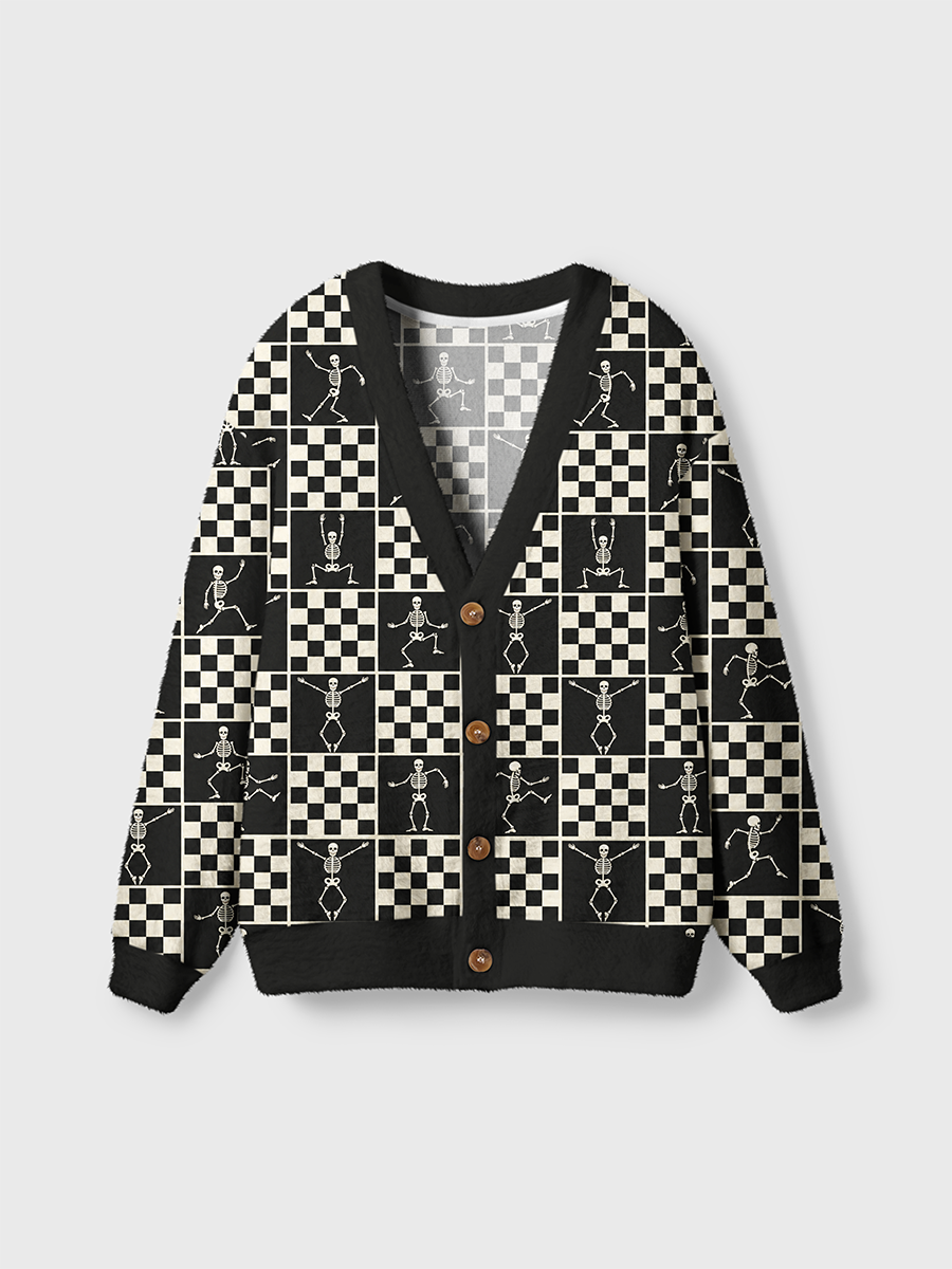 Vintage Checkerboard Dancing Skeleton Cardigan Sweaters