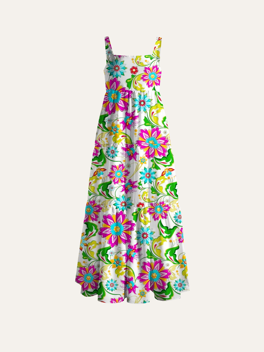 Simple Flat Cartoon Ajustable Wide Straps Maxi Dress