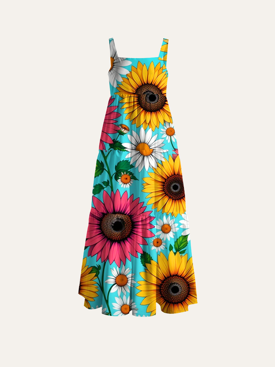 Vivid Warm Bloom Ajustable Wide Straps Maxi Dress