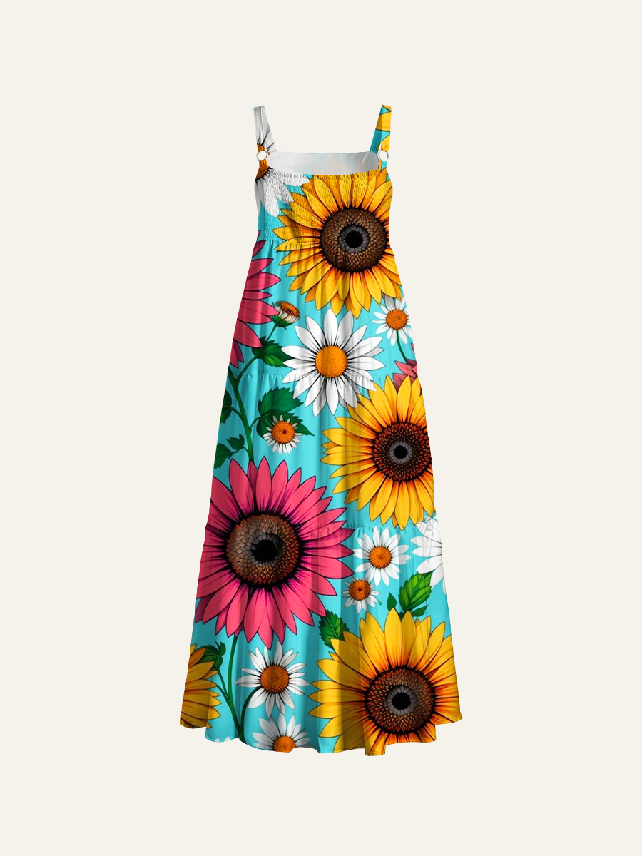 Vivid Warm Bloom Ajustable Wide Straps Maxi Dress