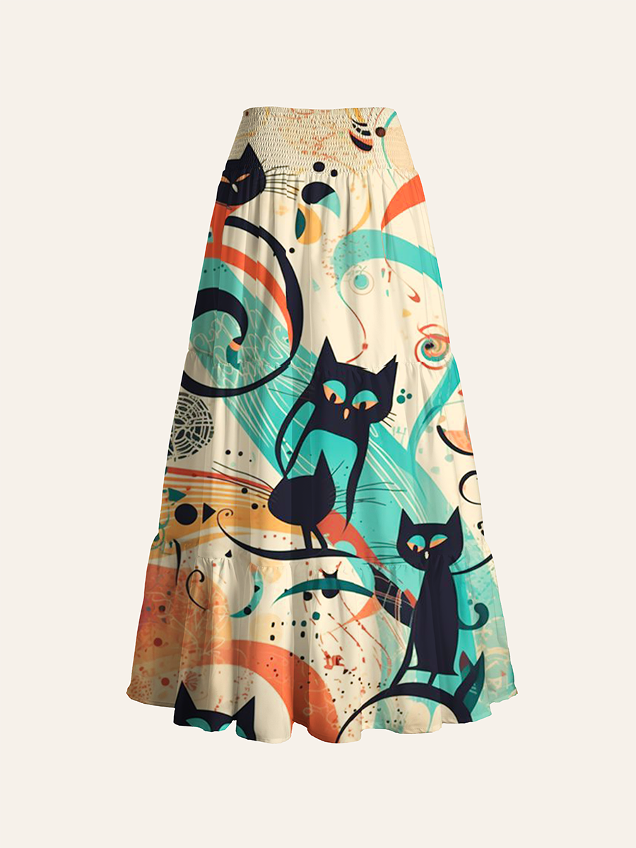 Abstract Black Cat Convertible Maxi Skirts