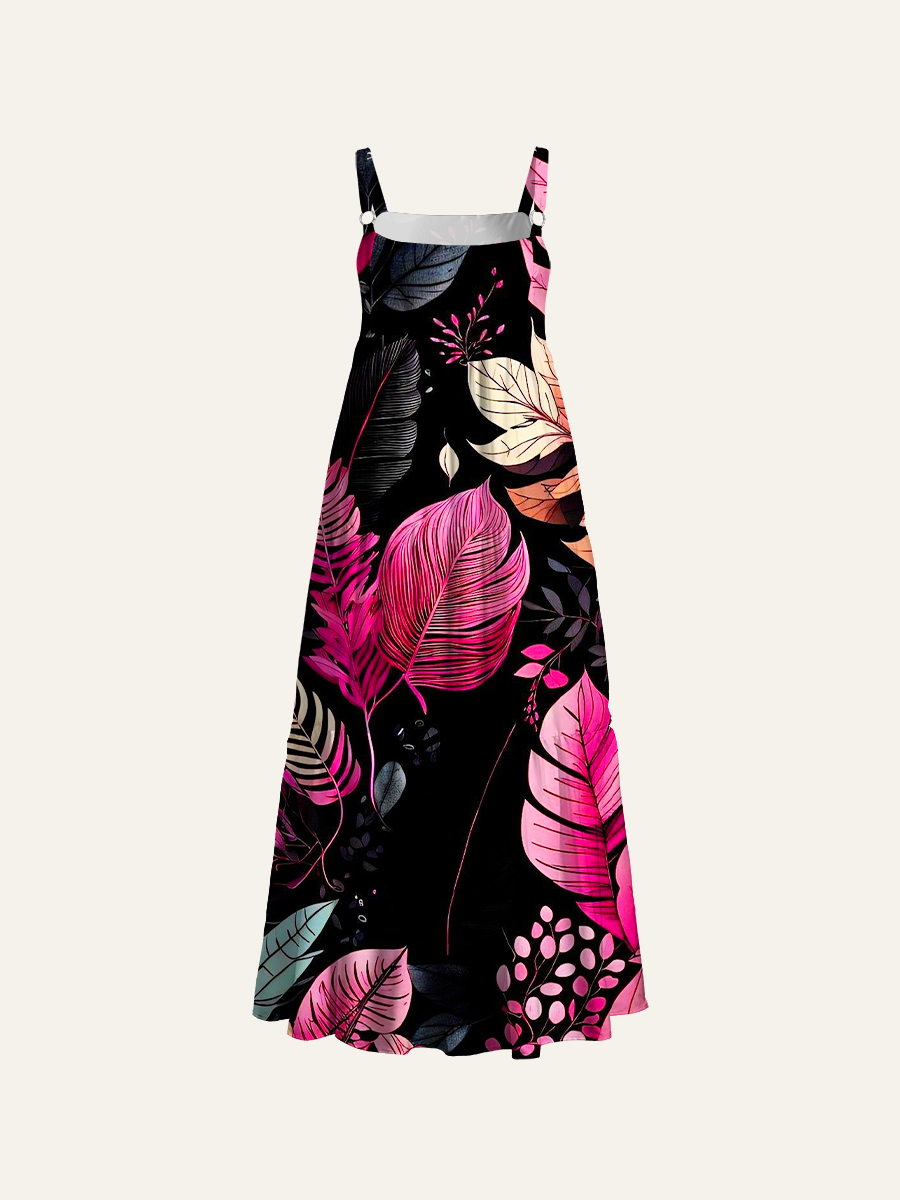 Neon Tropical Leaves Noir Adjustable Wide Straps Maxi Dress