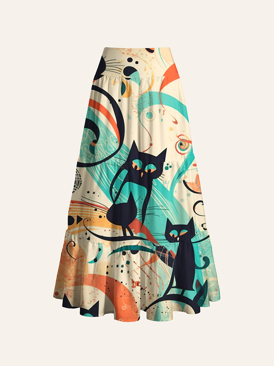 Abstract Black Cat Convertible Maxi Skirts