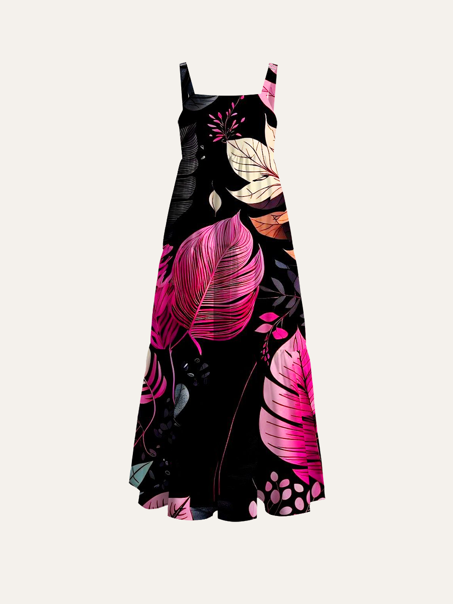 Neon Tropical Leaves Noir Adjustable Wide Straps Maxi Dress