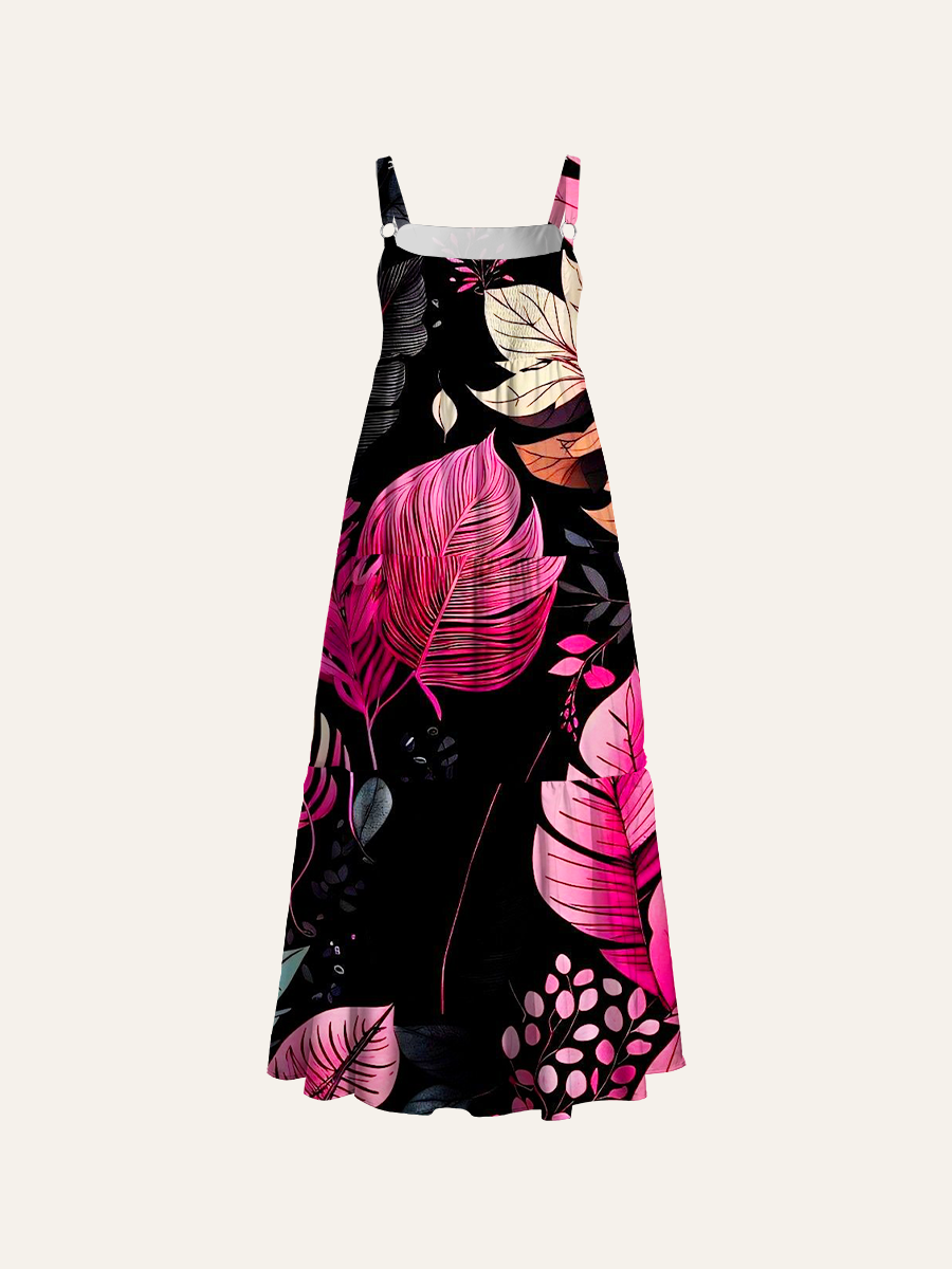Neon Tropical Leaves Noir Adjustable Wide Straps Maxi Dress