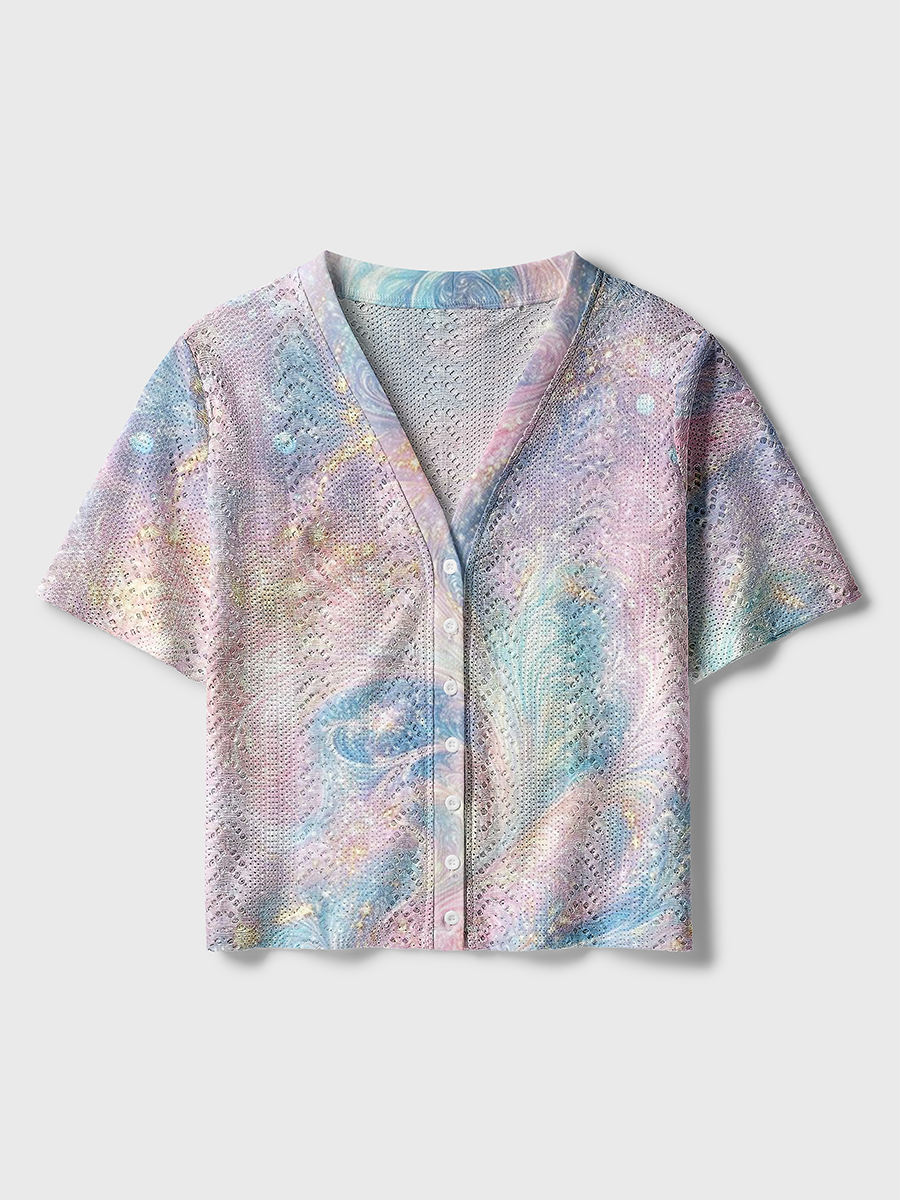 Pastel Pink Blue Gold Glitter Fluid Galaxy Crochet Button Down Cardigan