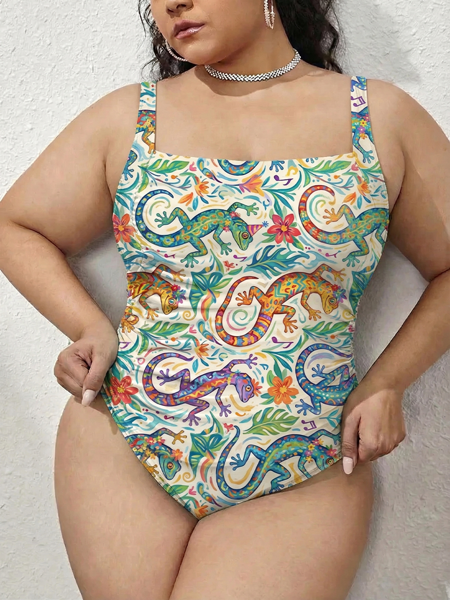 Vintage Colorful Dancing Gecko Lizard Gathered Swimsuit