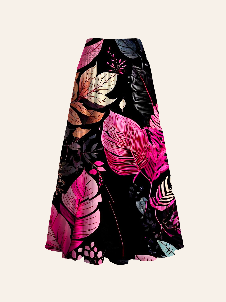 Neon Tropical Leaves Noir Convertible Maxi Skirts