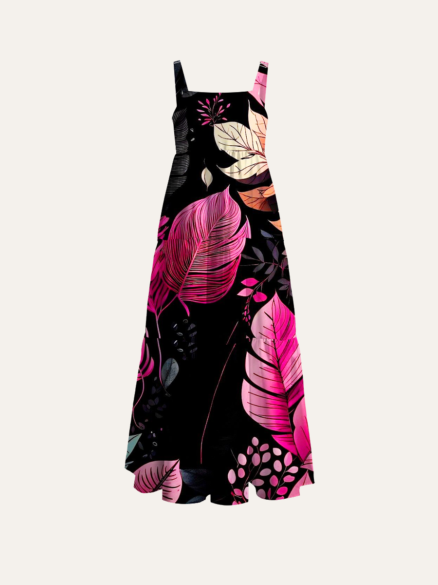 Neon Tropical Leaves Noir Adjustable Wide Straps Maxi Dress