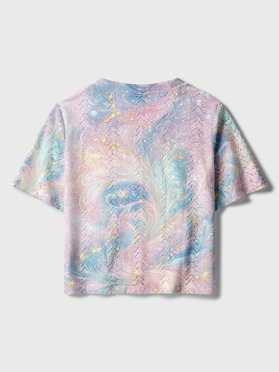 Pastel Pink Blue Gold Glitter Fluid Galaxy Crochet Button Down Cardigan