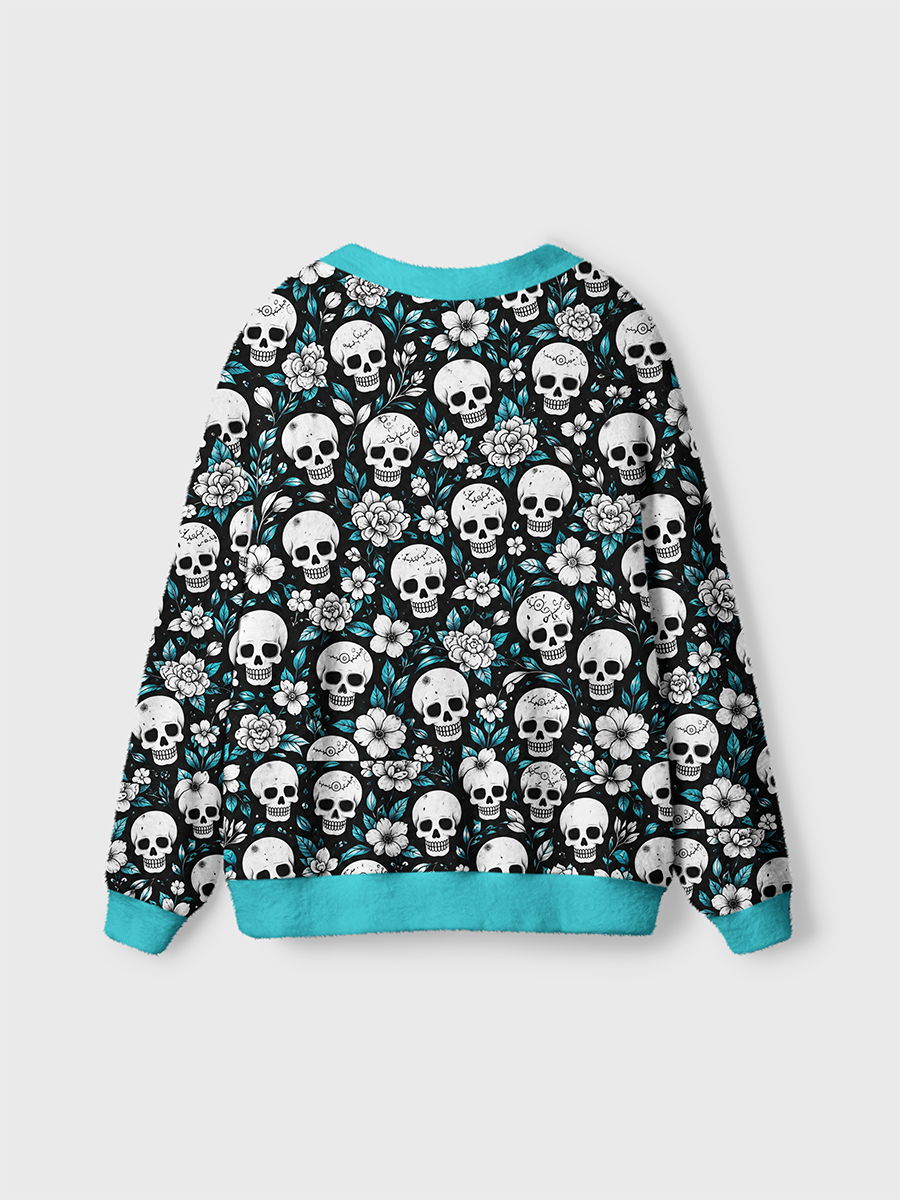 Vintage Teal Floral White Skull Cardigan Sweaters