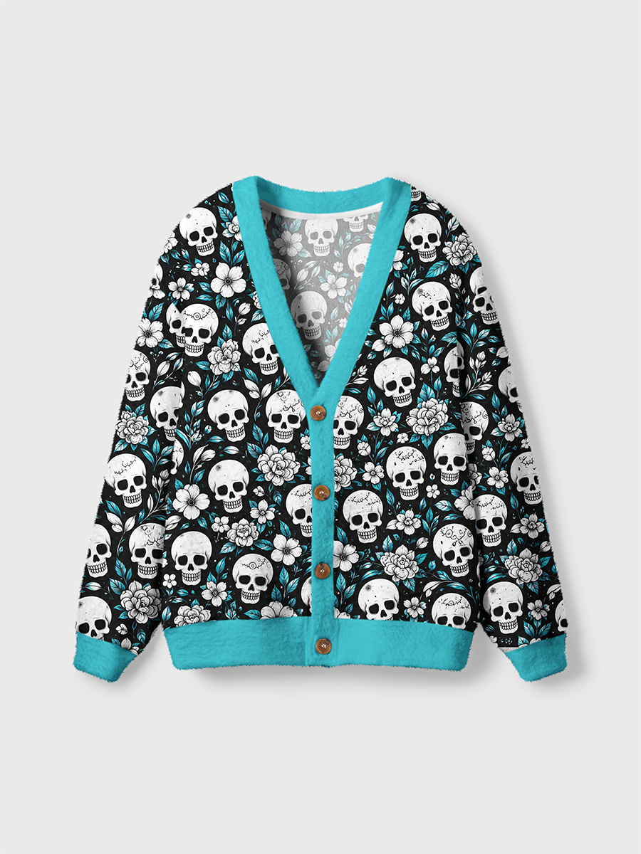 Vintage Teal Floral White Skull Cardigan Sweaters
