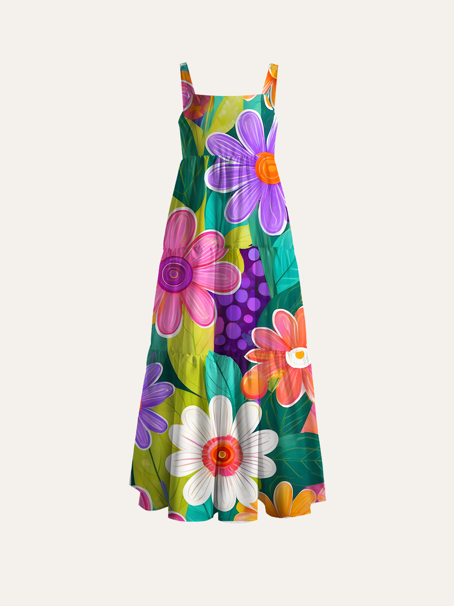 Thick Paint Stroke Daisy Adjustable Wide Straps Maxi Dress