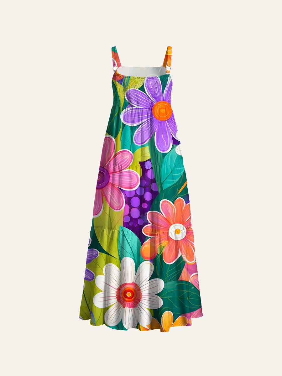 Thick Paint Stroke Daisy Ajustable Wide Straps Maxi Dress