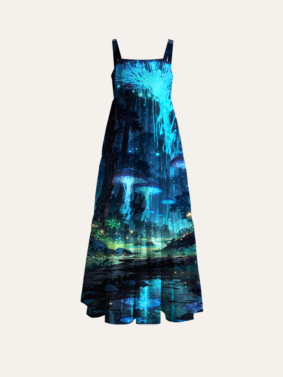 Glowing Bioluminescent Mushroom Forest Ajustable Wide Straps Maxi Dress