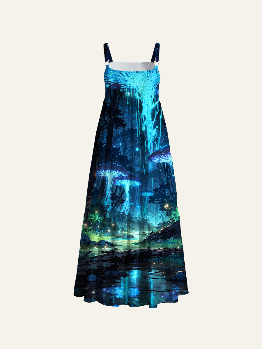 Glowing Bioluminescent Mushroom Forest Ajustable Wide Straps Maxi Dress