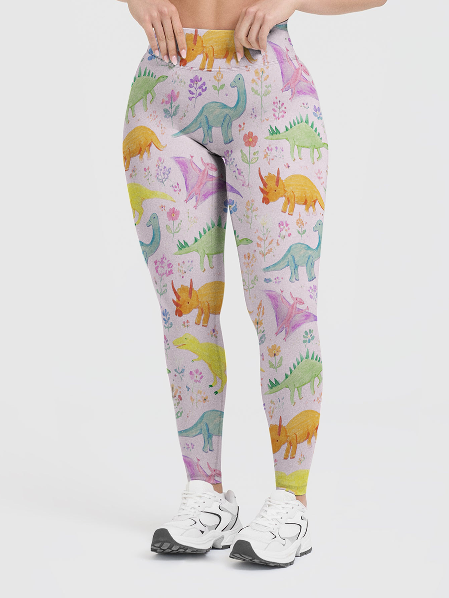 Vintage Pastel Watercolor Dinosaur Garden Leggings