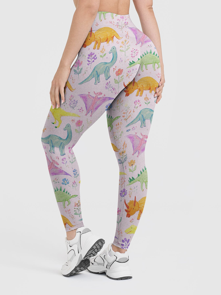 Vintage Pastel Watercolor Dinosaur Garden Leggings