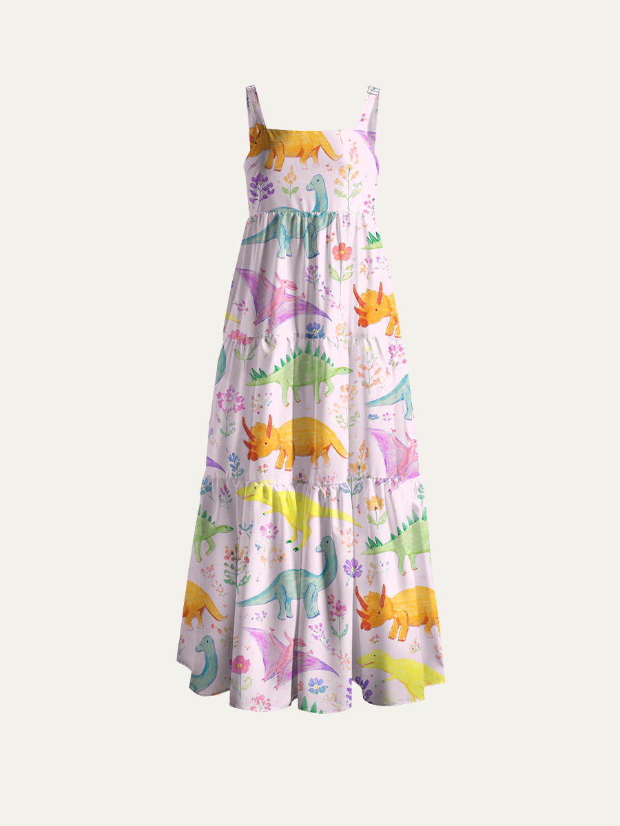 Pastel Watercolor Dinosaur Garden Ajustable Wide Straps Maxi Dress