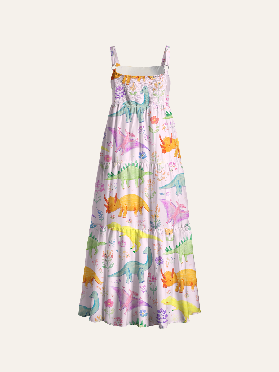Pastel Watercolor Dinosaur Garden Ajustable Wide Straps Maxi Dress