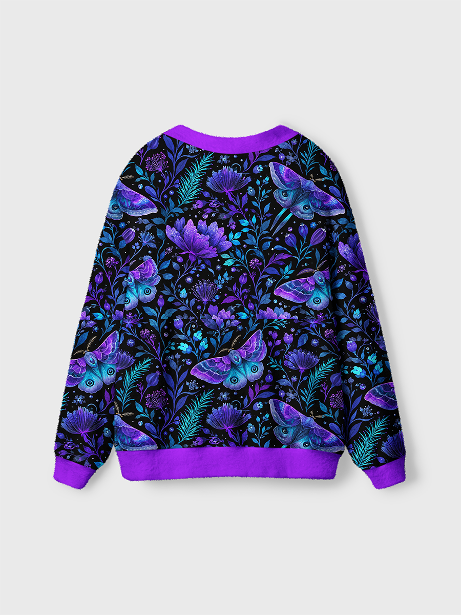 Vintage Watercolor Purple Blue Luna Moth Floral Cardigan Sweaters