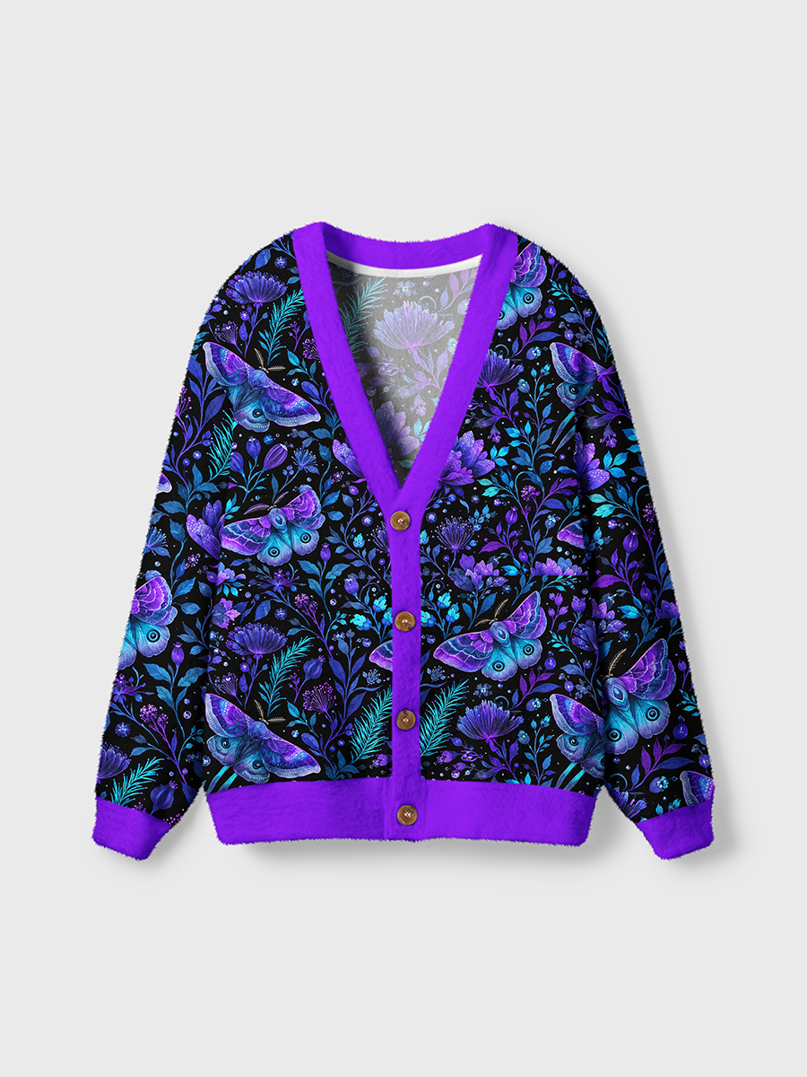 Vintage Watercolor Purple Blue Luna Moth Floral Cardigan Sweaters