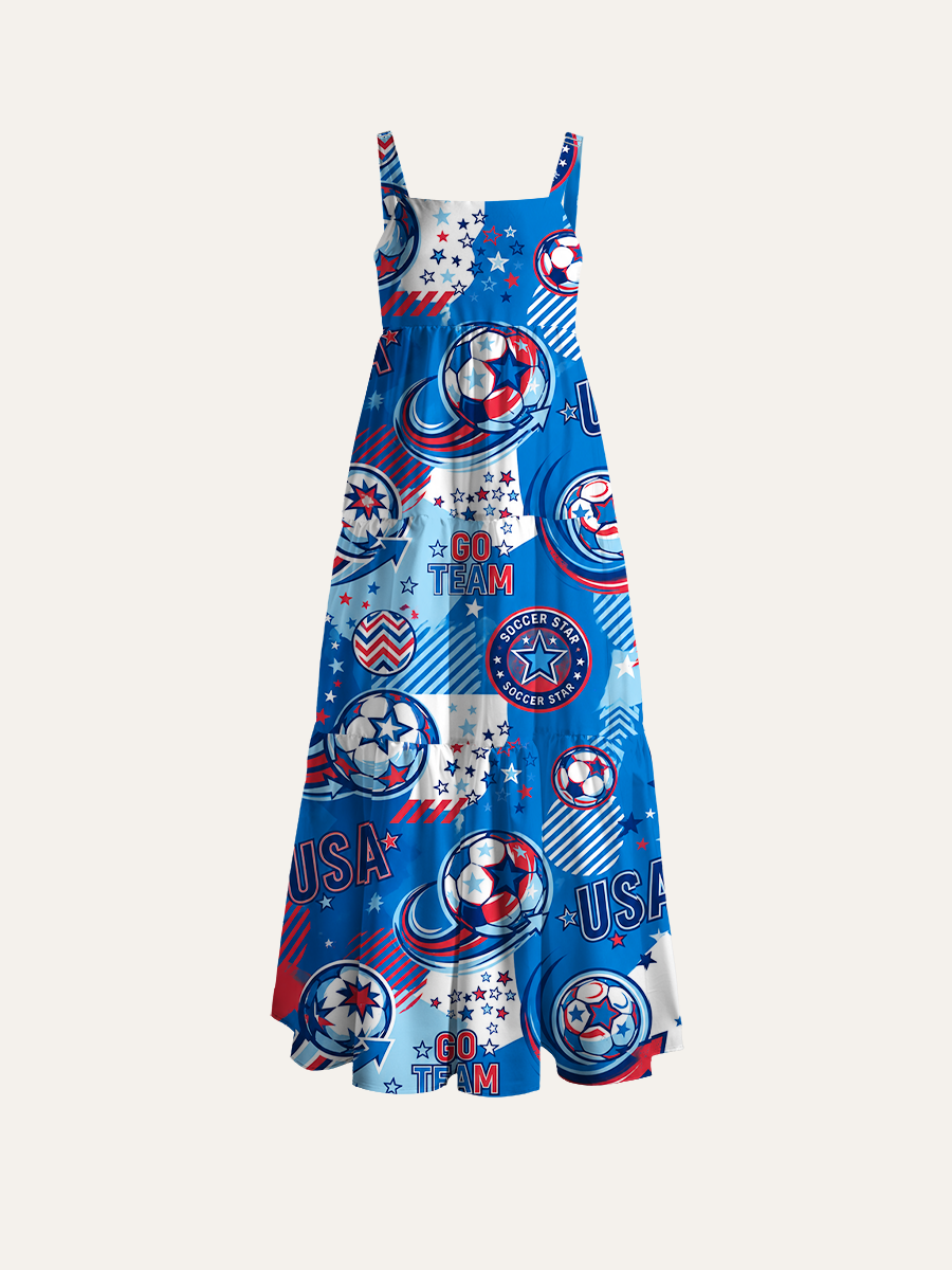 Patriotic Usa Soccer Star Graphic Ajustable Wide Straps Maxi Dress