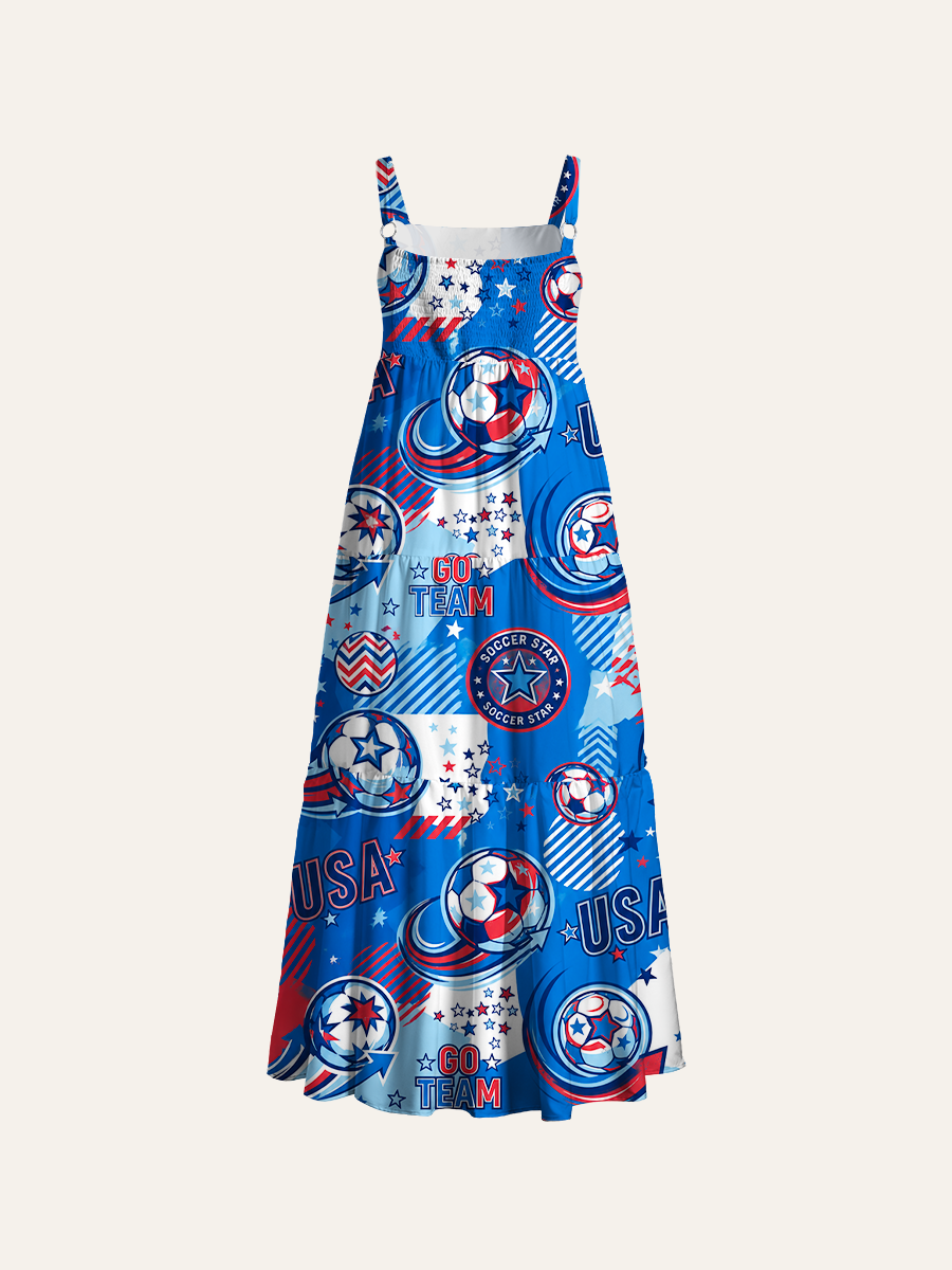 Patriotic Usa Soccer Star Graphic Ajustable Wide Straps Maxi Dress