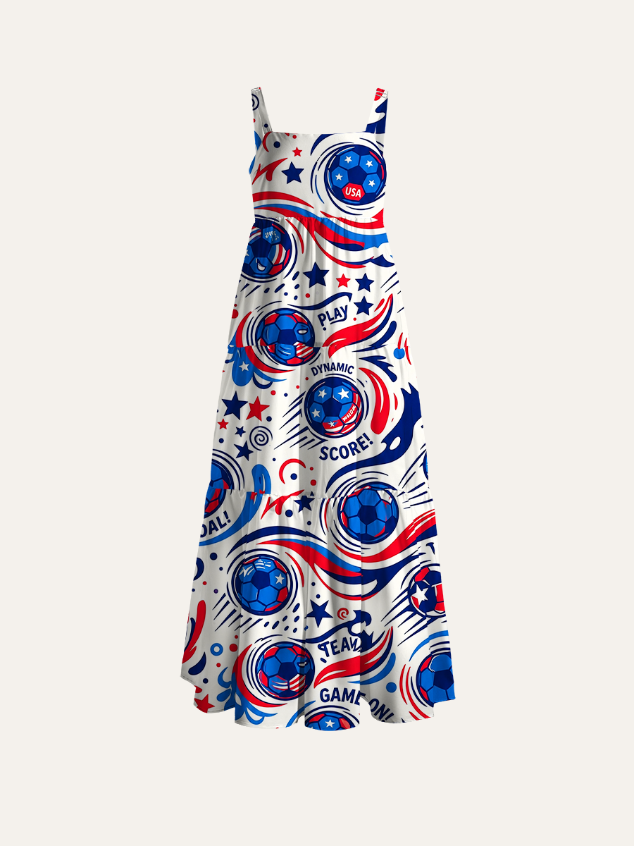 Dynamic Usa Soccer Doodle Ajustable Wide Straps Maxi Dress