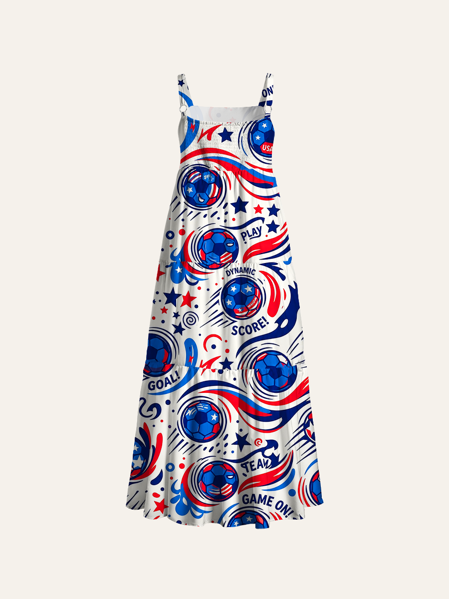 Dynamic Usa Soccer Doodle Ajustable Wide Straps Maxi Dress