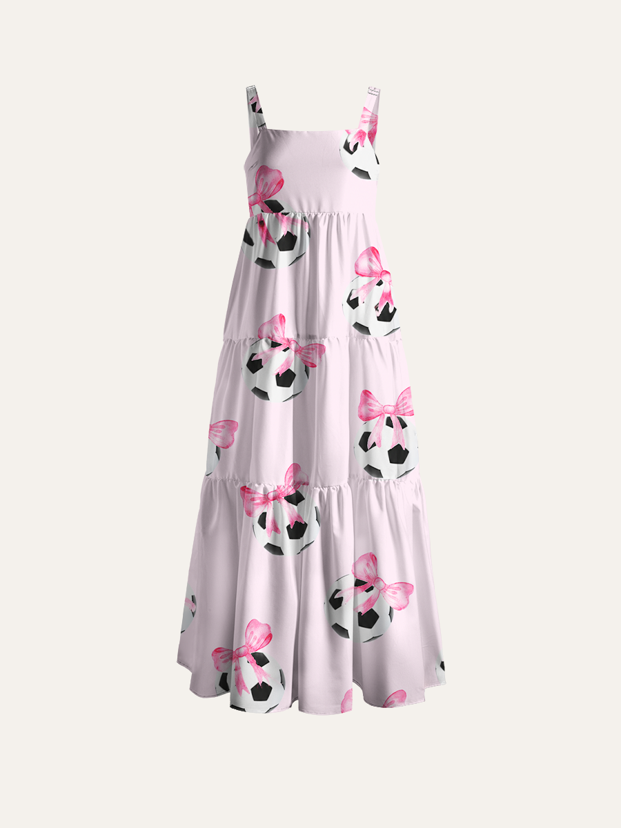 Watercolor Soccer & Ribbon Ajustable Wide Straps Maxi Dress