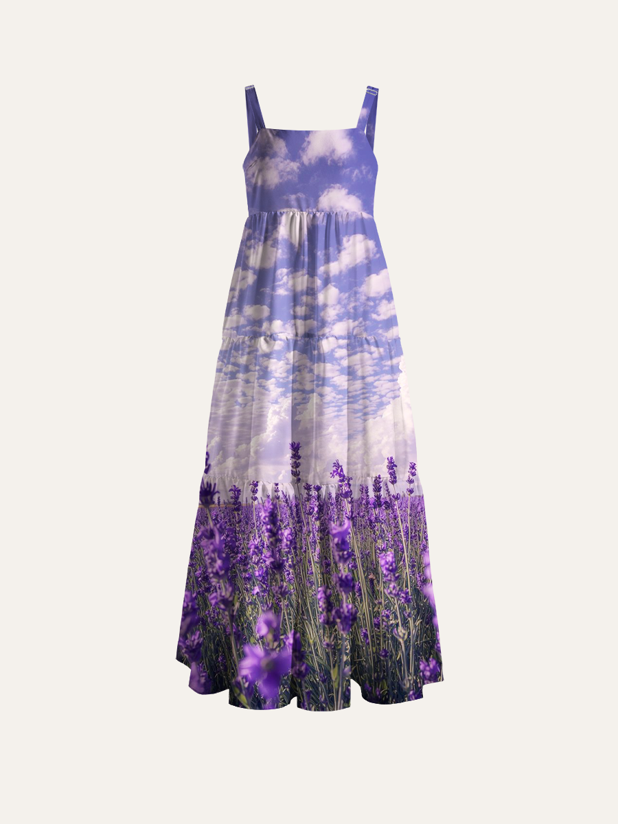 Lavender Pastel Dreamscape Ajustable Wide Straps Maxi Dress