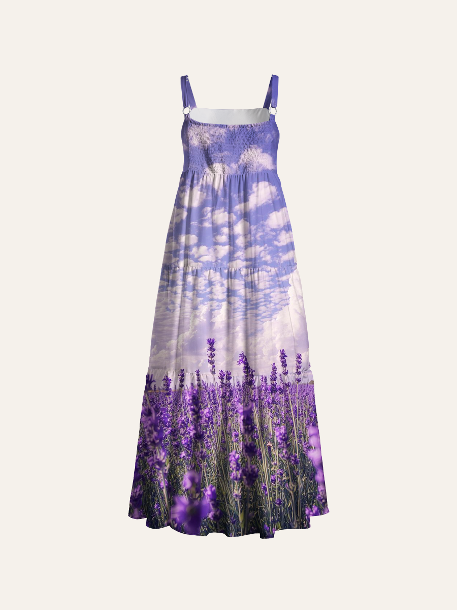 Lavender Pastel Dreamscape Ajustable Wide Straps Maxi Dress