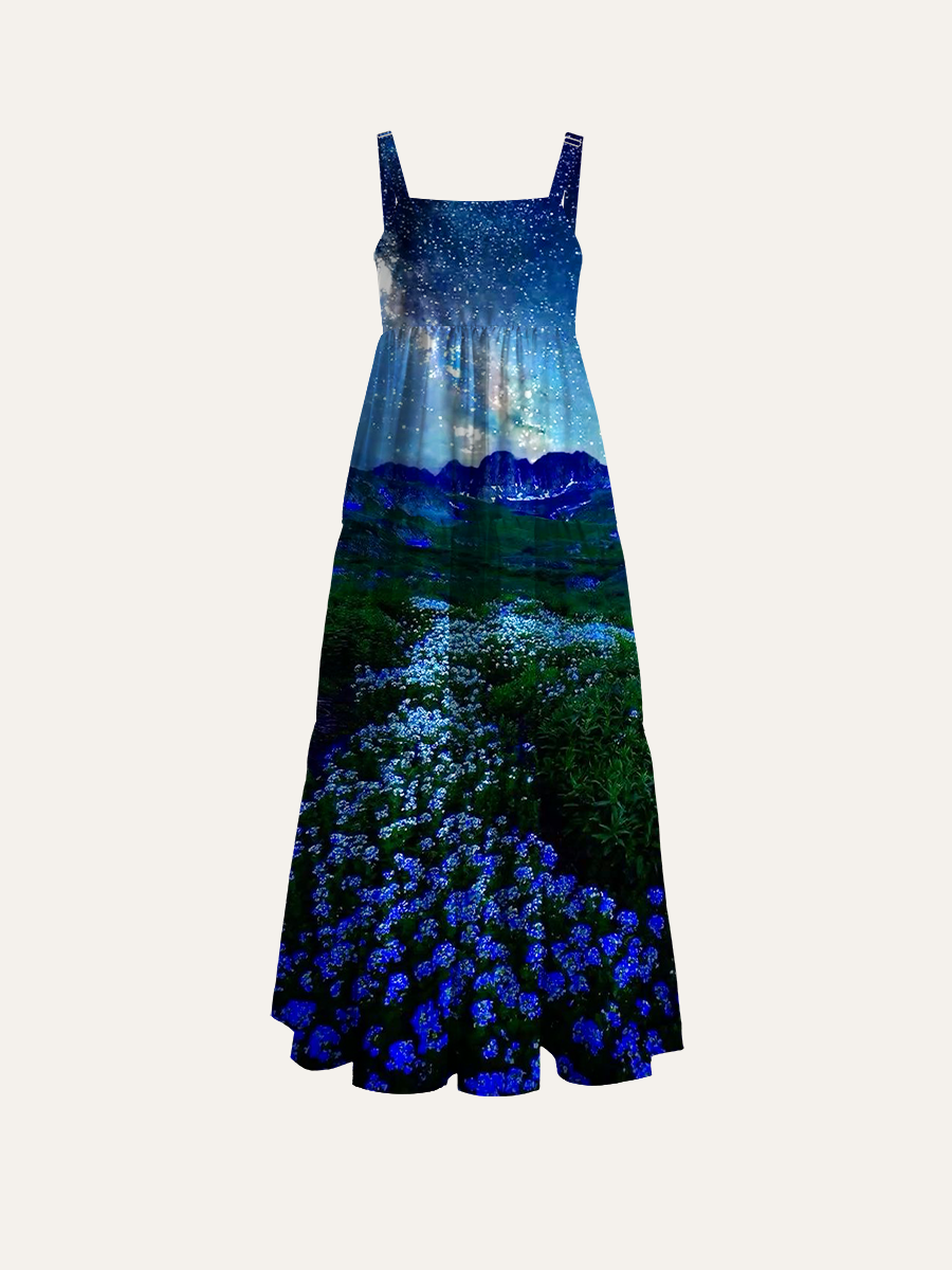 Alpine Galaxy River Of Flowers Adjustable Wide Straps Maxi Dress