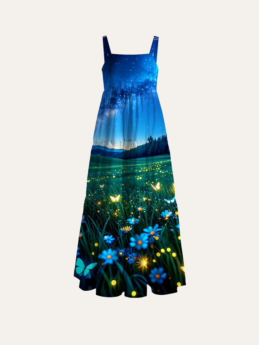 Midnight Bioluminescent Garden Adjustable Wide Straps Maxi Dress