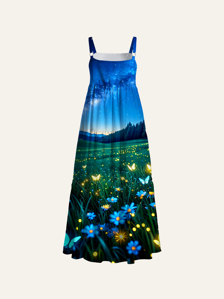 Midnight Bioluminescent Garden Adjustable Wide Straps Maxi Dress