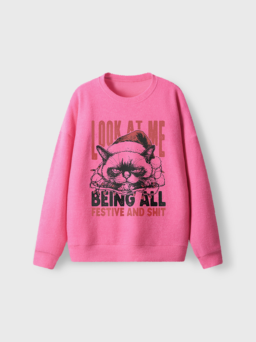 Vintage Funny Christmas Cat Humorous Quote Fuzzy Sweater