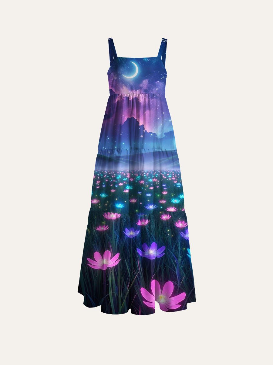 Neon Moonlight Bloom Adjustable Wide Straps Maxi Dress
